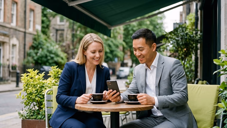 Femme en blazer marine et homme en costume gris regardent un smartphone, cafés en main, en terrasse sous un store vert