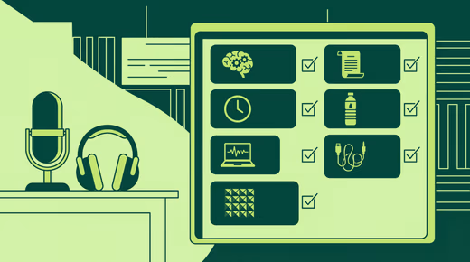 Illustration verte d’un micro et d’un casque posés sur un bureau, à côté d’une liste de préparation cochée