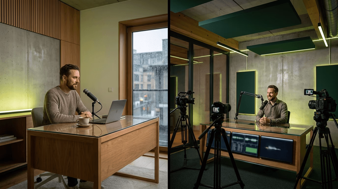 Deux scènes côte à côte : un homme au micro à son bureau près d'une fenêtre, puis sur un plateau filmé par trois caméras