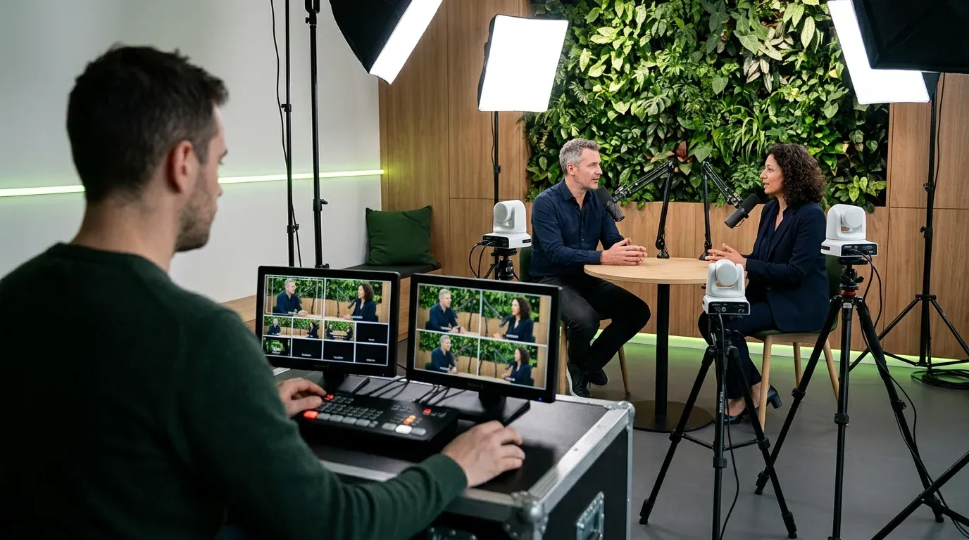 Illustration : en régie, un opérateur Firm-A suit les angles du tournage sur deux écrans pendant qu'un animateur et une invitée enregistrent à une table ronde, filmés par trois caméras PTZ, sous des lumières à diffuseurs, devant un mur végétal