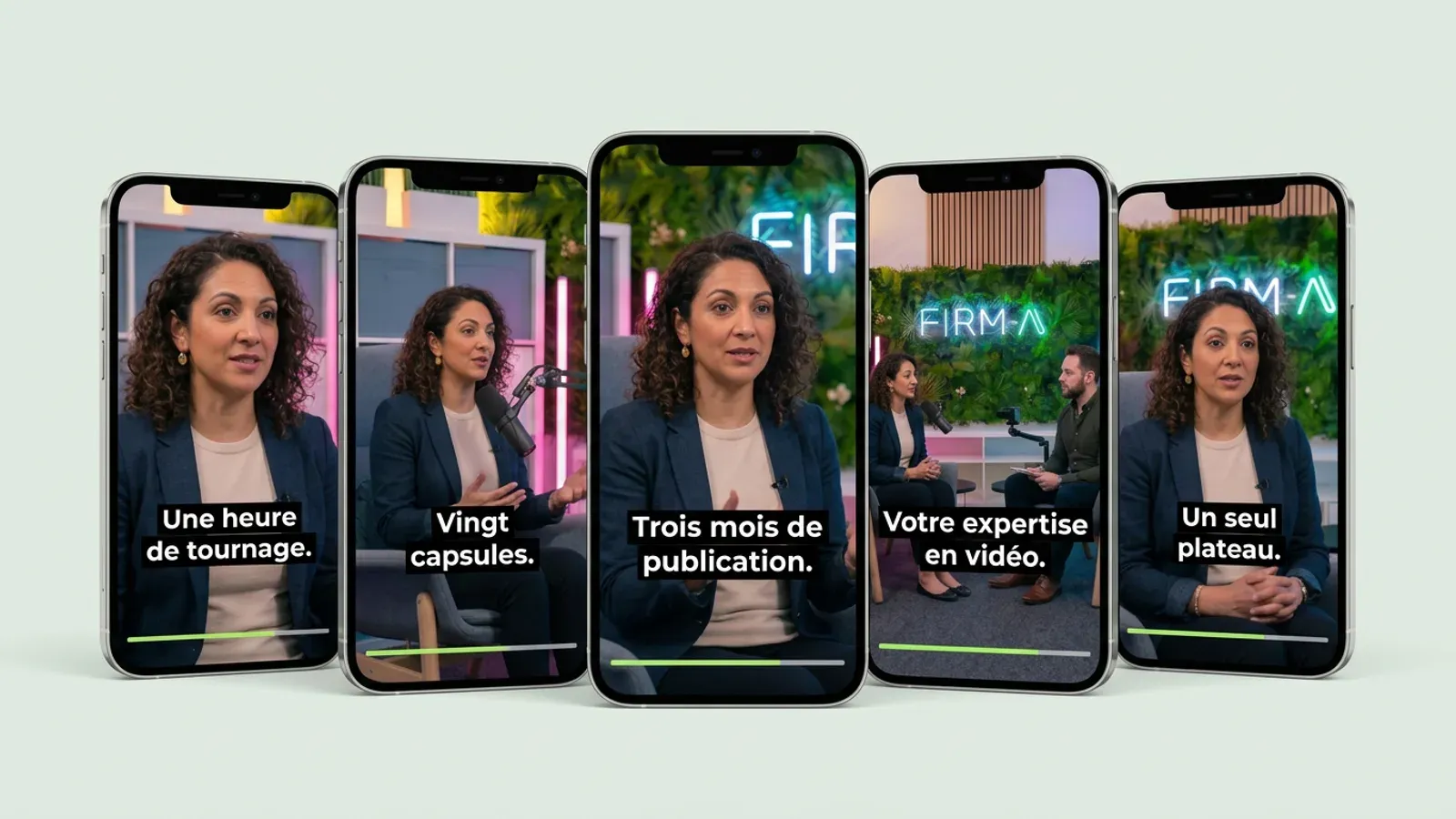 Illustration : cinq smartphones montrant des capsules verticales tirées du même tournage