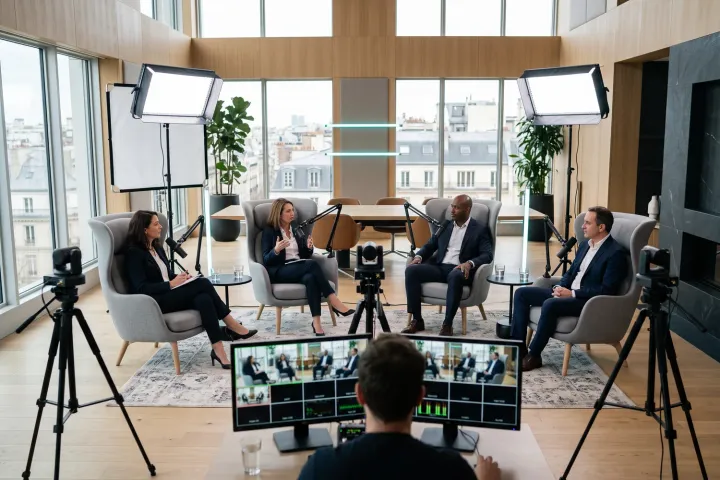 Illustration : journée de tournage dans la salle de réunion d’une grande entreprise, quatre intervenants, caméras PTZ et régie multicam, formule Corporate