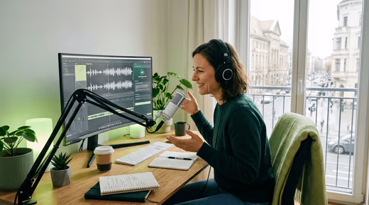 Femme au casque parlant dans un micro sur bras devant un écran de montage audio, dans un bureau lumineux