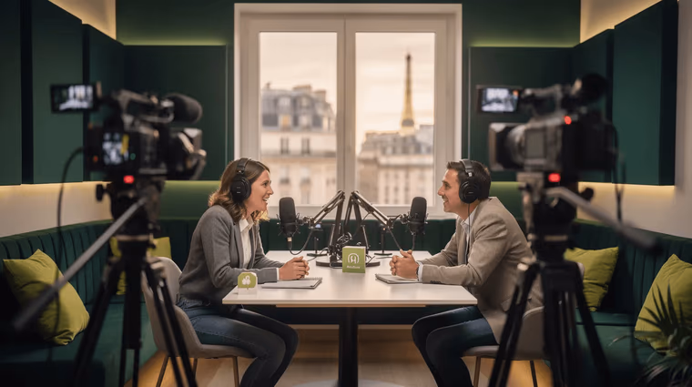 Deux intervenants face à face au micro, filmés par deux caméras dans un studio vert avec vue sur la tour Eiffel