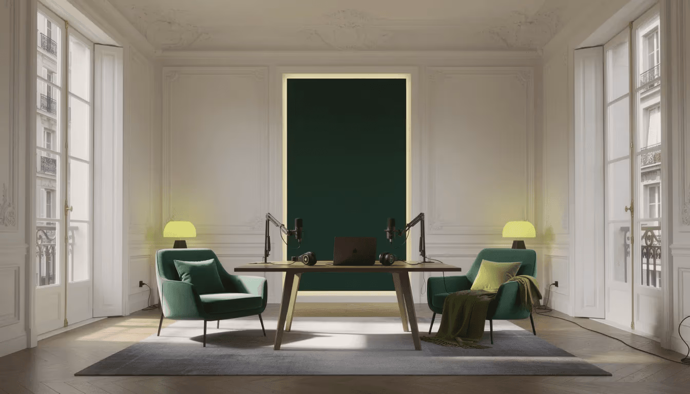 Salon haussmannien aménagé en plateau : deux fauteuils verts face à une table équipée de deux micros
