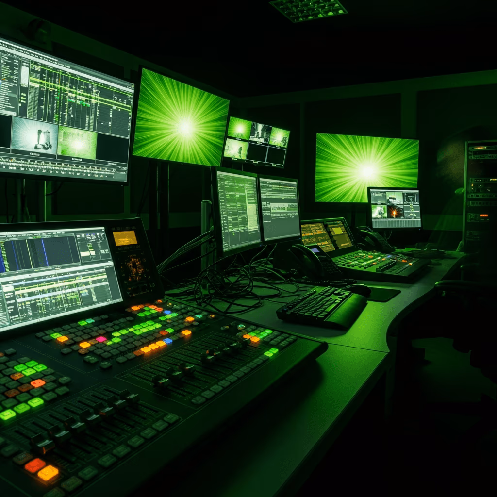 Régie de montage baignée de lumière verte : console de mixage, claviers et écrans de montage vidéo