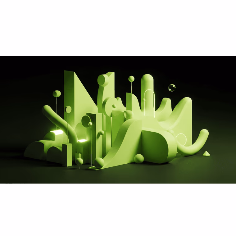 Sculpture abstraite de volumes vert anis, sphères et tubes courbes, éclairée sur fond sombre
