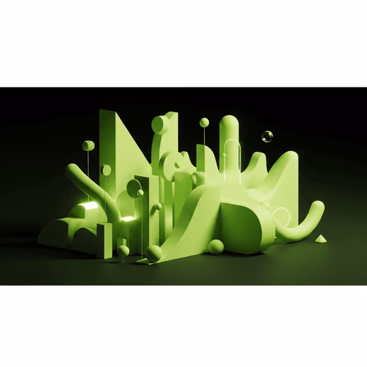 Sculpture abstraite de volumes vert anis, sphères et tubes courbes, éclairée sur fond sombre