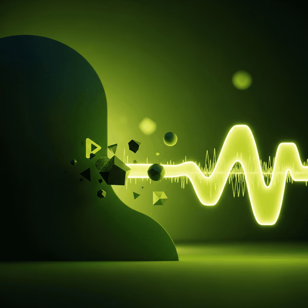 Illustration : silhouette de profil d’où jaillit une onde sonore vert fluo parmi des éclats géométriques