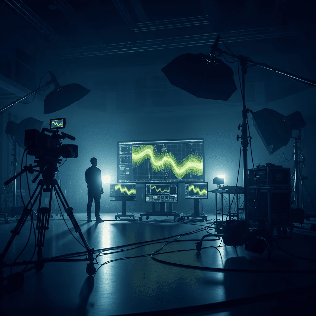 Plateau de tournage dans la pénombre : caméra, projecteurs et silhouette face à des écrans d’ondes sonores vertes