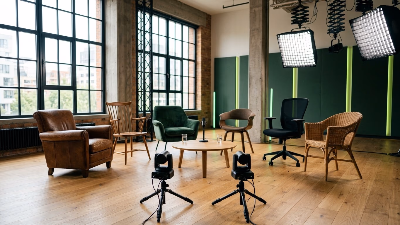 Six chaises de styles différents en arc dans un plateau de podcast vide, deux caméras PTZ au premier plan, murs verts