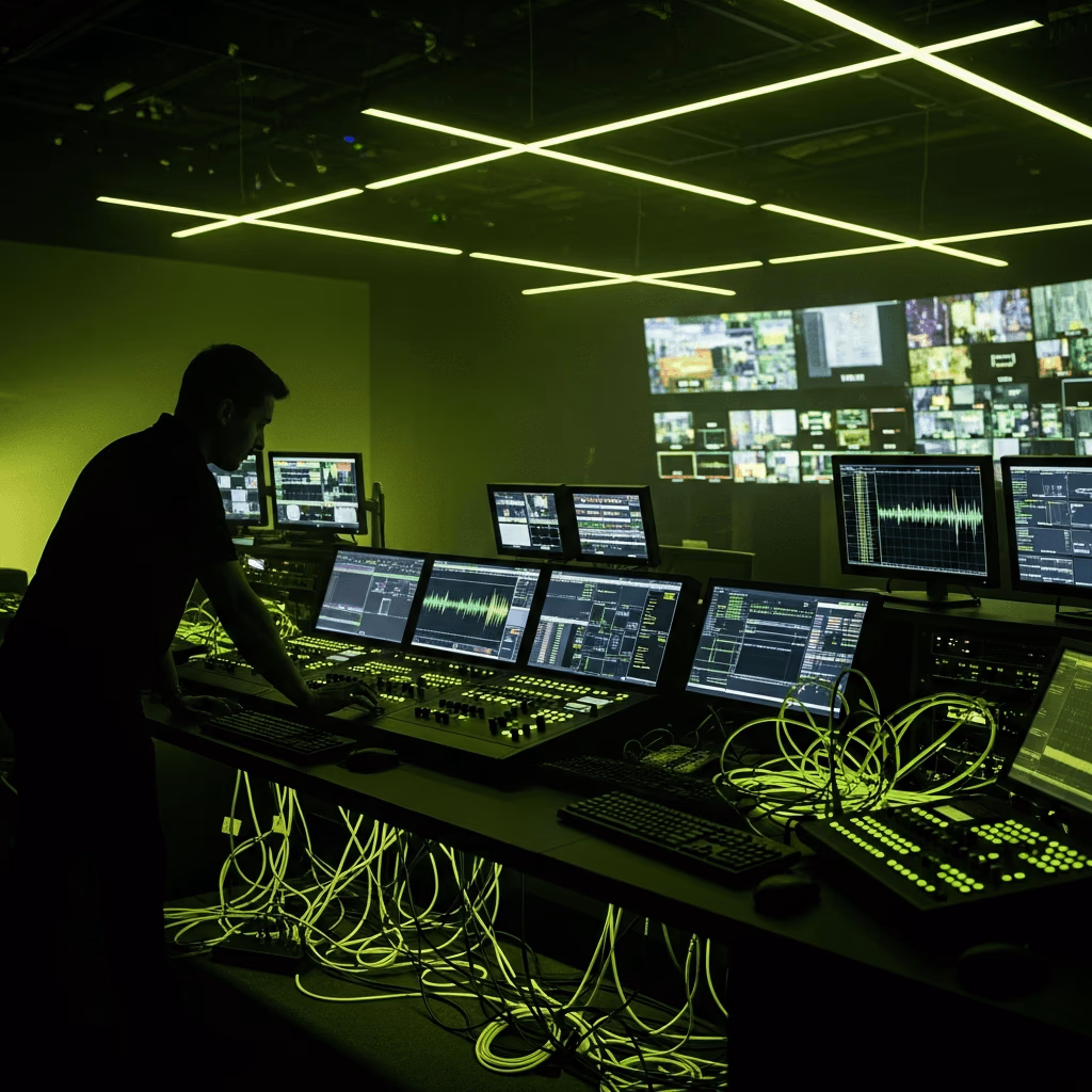 Technicien penché sur une régie aux multiples écrans et formes d'onde, câbles vert fluo et mur d'images au fond