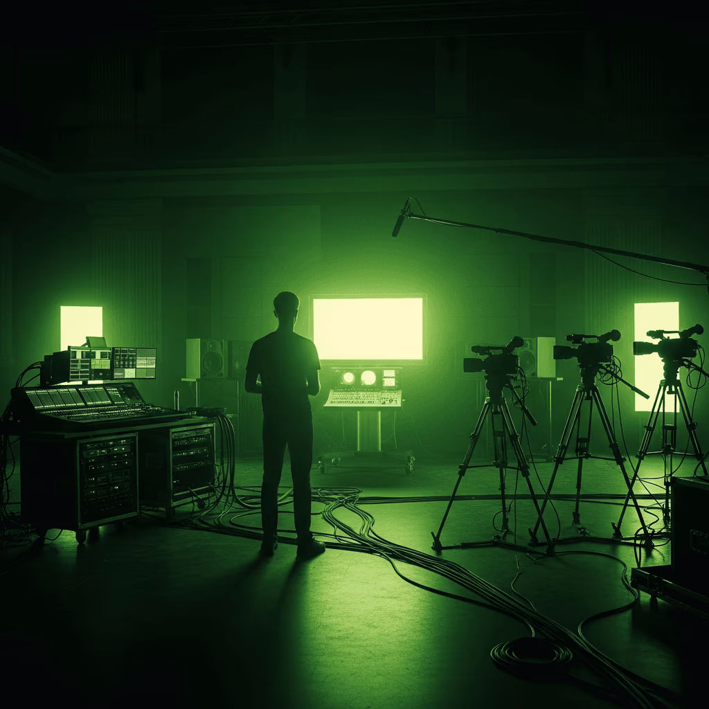 Plateau baigné de lumière verte : silhouette d'un homme entre une console de mixage et trois caméras sur trépied