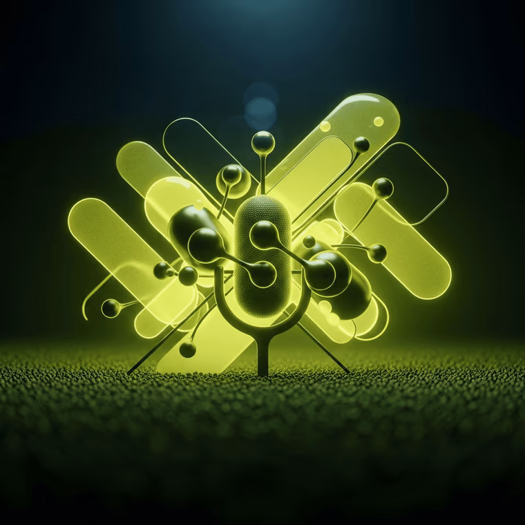 Micro stylisé entouré de capsules translucides vert fluo et de molécules lumineuses sur fond sombre