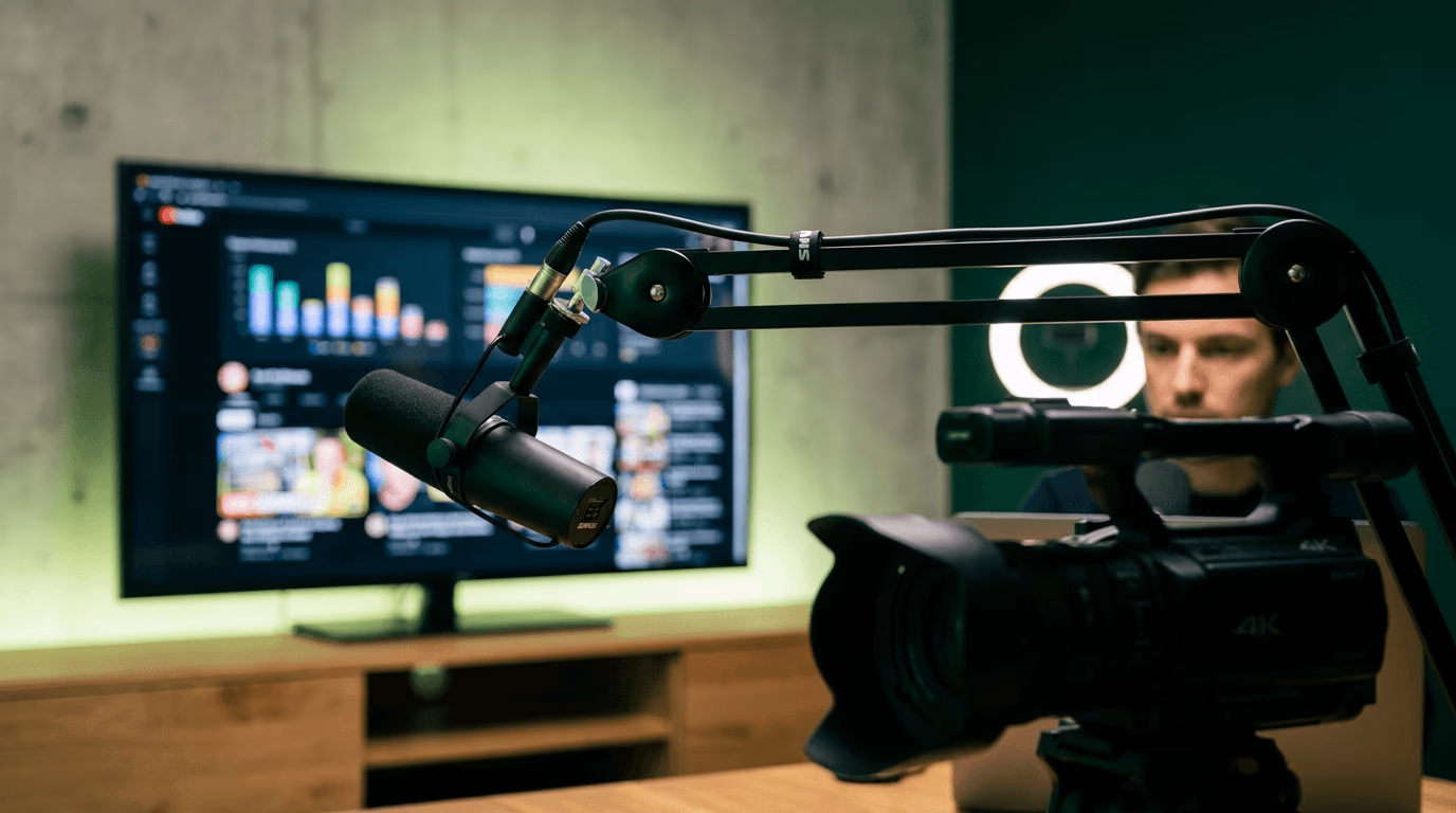 Micro sur bras articulé et caméra 4K devant un écran affichant des statistiques YouTube, opérateur au fond