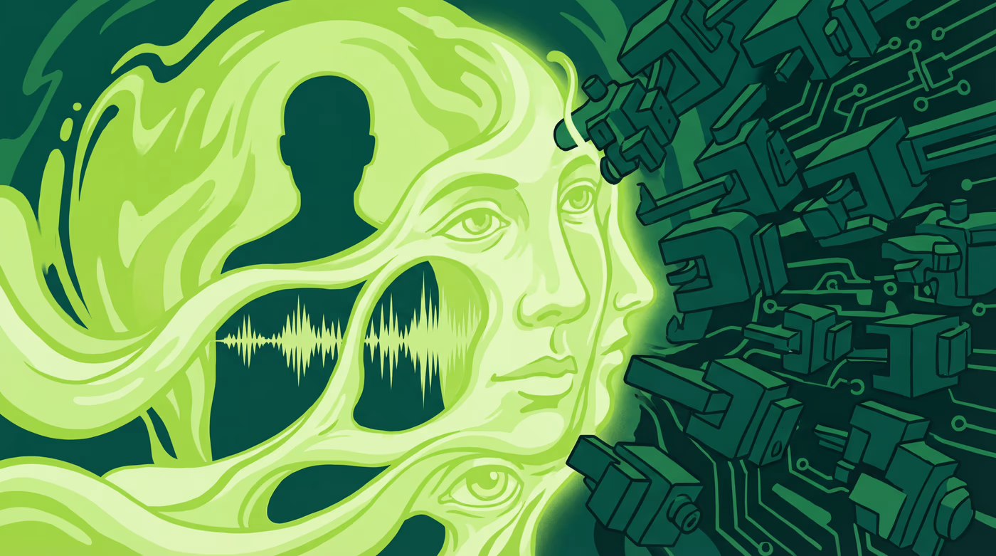 Illustration verte : visage humain et onde sonore dans des volutes lumineuses, face à des blocs de circuits sombres