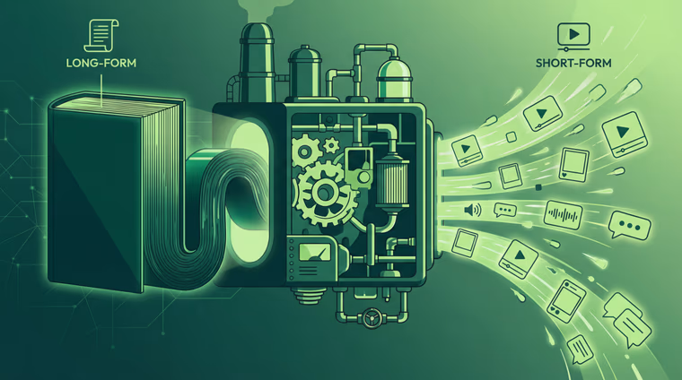 Illustration d'un livre « long-form » qui alimente une machine à engrenages d'où jaillissent des vidéos courtes