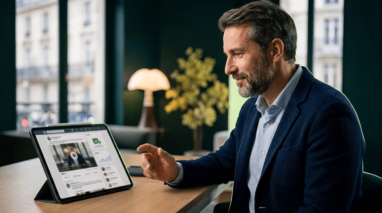 Dirigeant souriant face à une tablette qui affiche une vidéo dans un fil LinkedIn, dans un bureau aux murs vert sombre