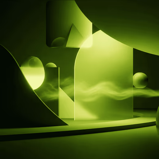 Illustration abstraite en vert : arches, sphères et formes géométriques translucides traversées par une brume lumineuse