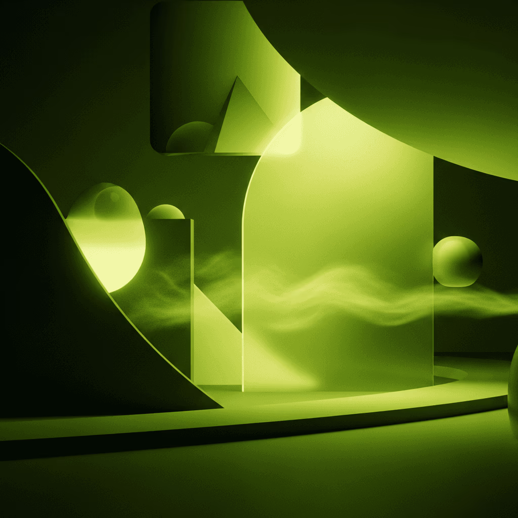 Illustration abstraite en vert : arches, sphères et formes géométriques translucides traversées par une brume lumineuse