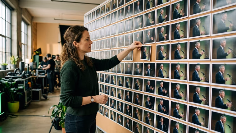 Réalisatrice en pull vert déplaçant une photo sur un mur couvert de rangées de clichés d'un même intervenant au micro