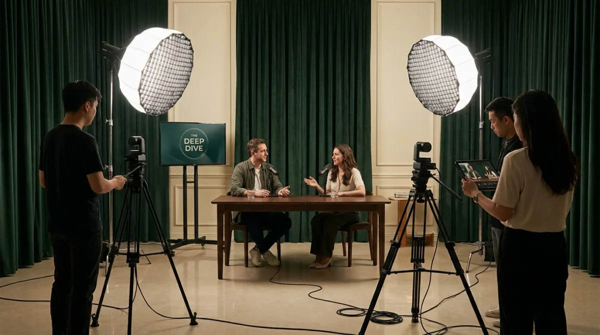 Équipe de tournage dans un studio de podcast