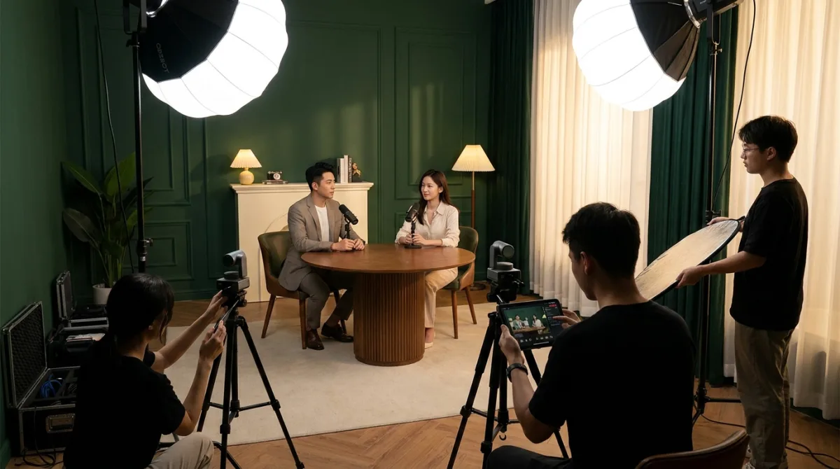Équipe de tournage dans un studio de podcast
