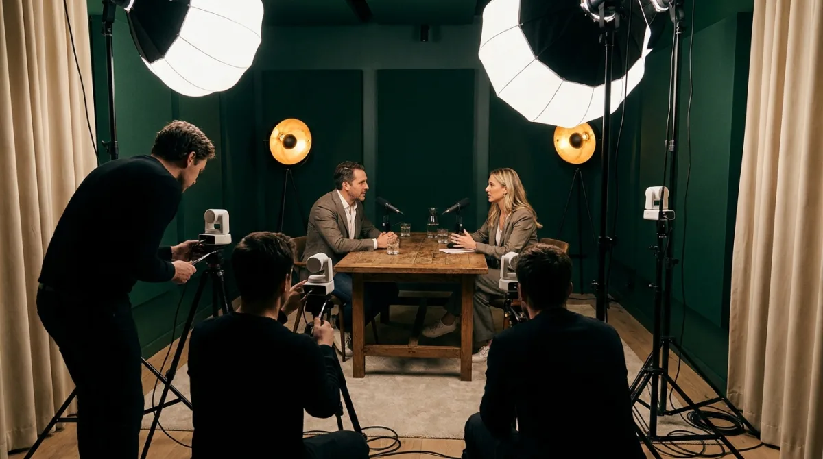 Équipe de tournage dans un studio de podcast