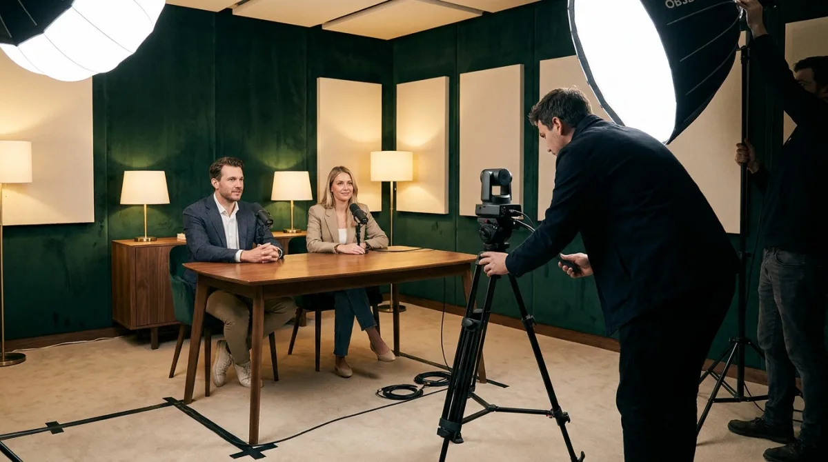 Équipe de tournage dans un studio de podcast